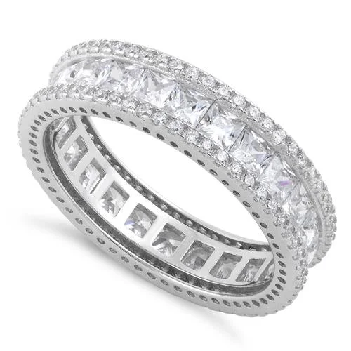 women's wedding ring sets -Sterling Silver Princess-Cut Eternity CZ Ring