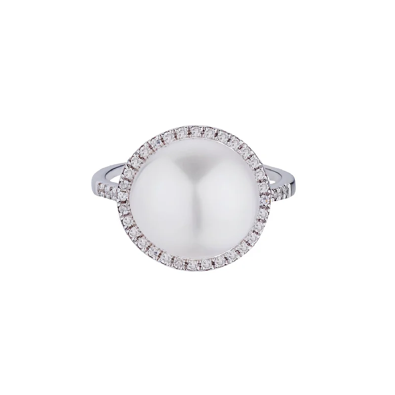 women's engraved rings -PEARL & DIAMOND HALO RING