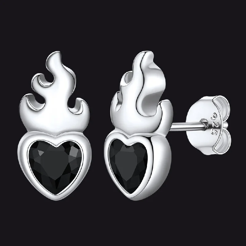 women's designer earrings -Sterling Silver Sacred Heart Flame Birthstone Earrings for Men