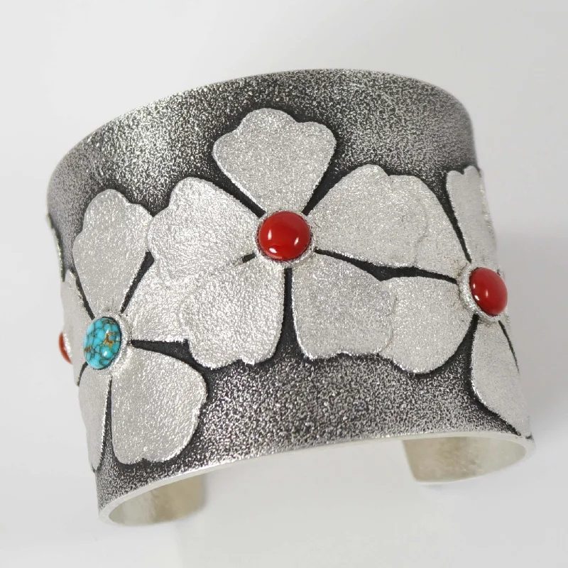 women's luxury charm bracelets -Coral and Turquoise Flower Cuff