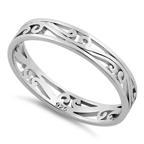 women's floral engagement rings -Sterling Silver Curve Lines Ring