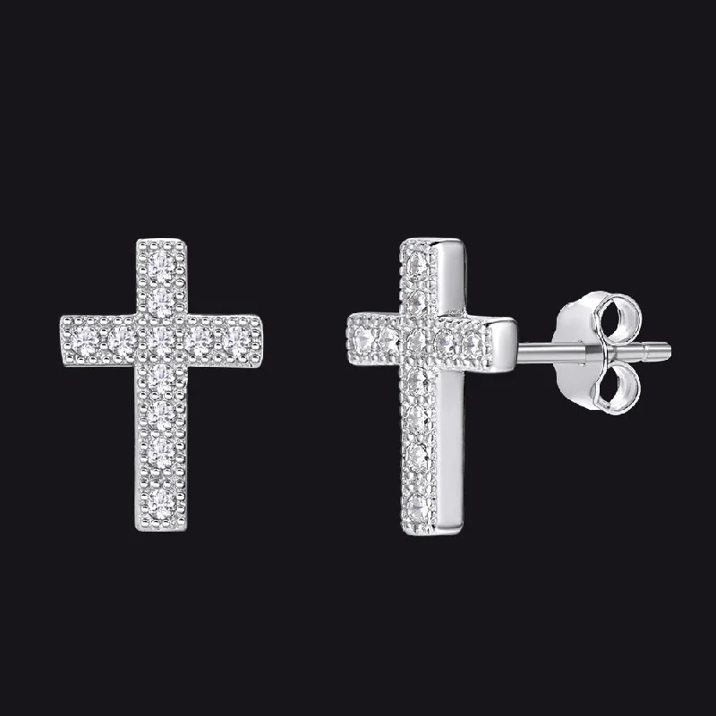 women's heart-shaped earrings -Silver CZ Cross Stud Earrings for Men Women