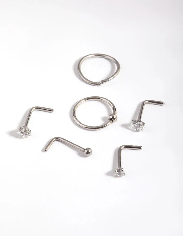 women's silver stackable rings -Surgical Steel Diamante Mixed Nose Ring 6-Pack