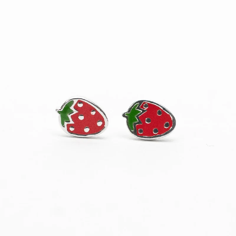 women's double-drop earrings -Silver Enamel Strawberry Studs