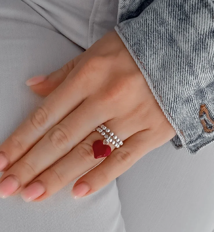 women's moonstone rings -925 Sterling Silver Stretch Red Puff Heart Charm Ring, Heart Charm Ring, Heart Charm, Women's Rings, Charm Rings