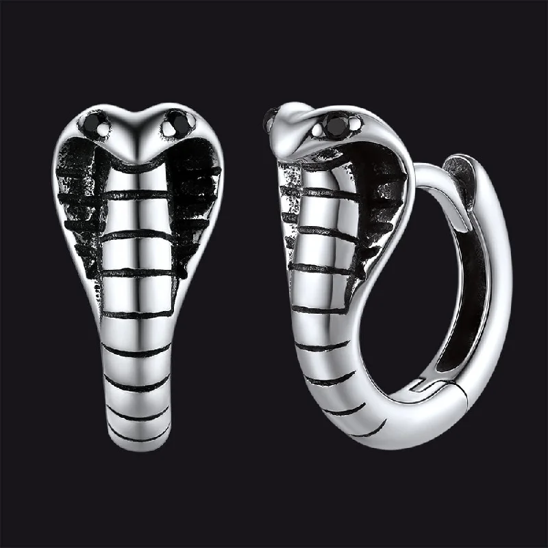 women's matching hoop earrings -Sterling Silver Cobra Snake Huggie Hoop Earrings for Men