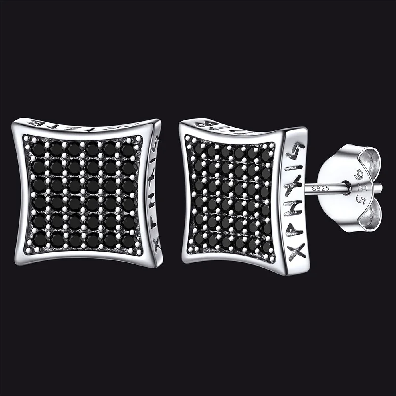 women's elegant earrings -Men's Square Cubic Zirconia Stud Earrings with Viking Runes