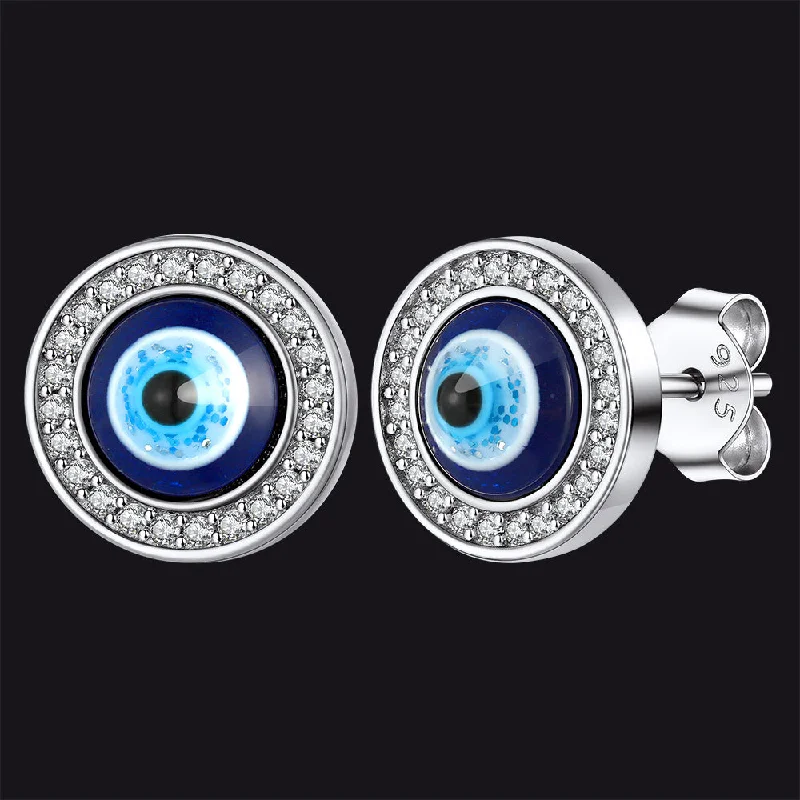 women's custom earrings -Sterling Silver Halo Evil Eye Stud Earrings