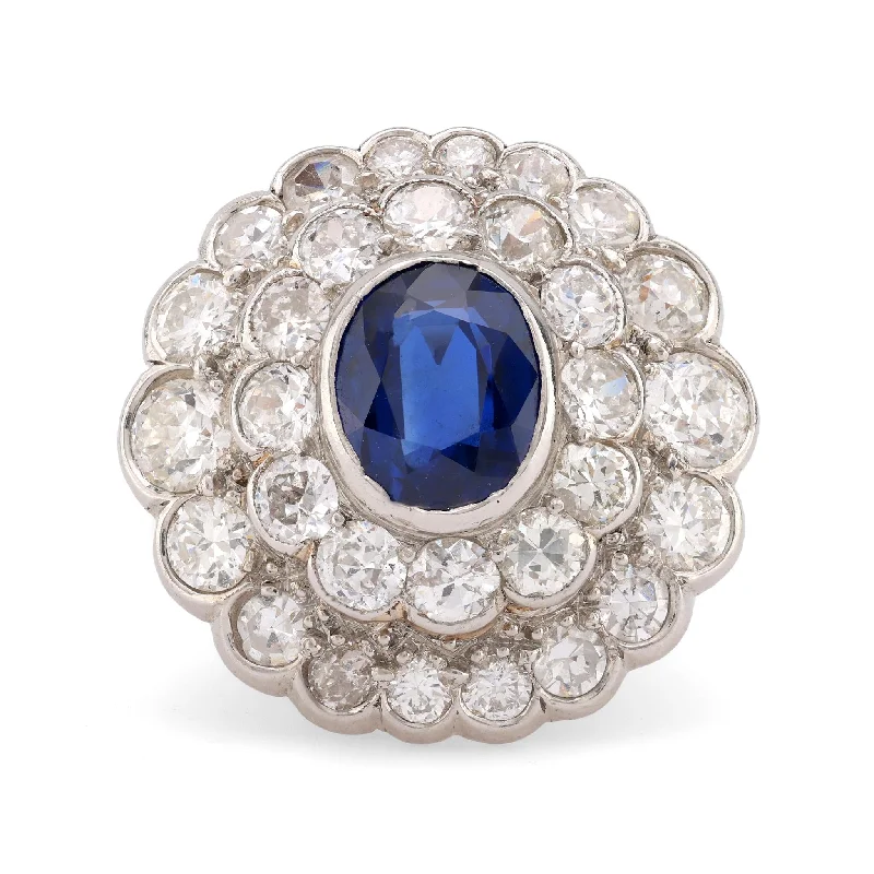 women's classic necklaces -Edwardian Oval Cut Sapphire Diamond 14K Yellow Gold Cluster Ring