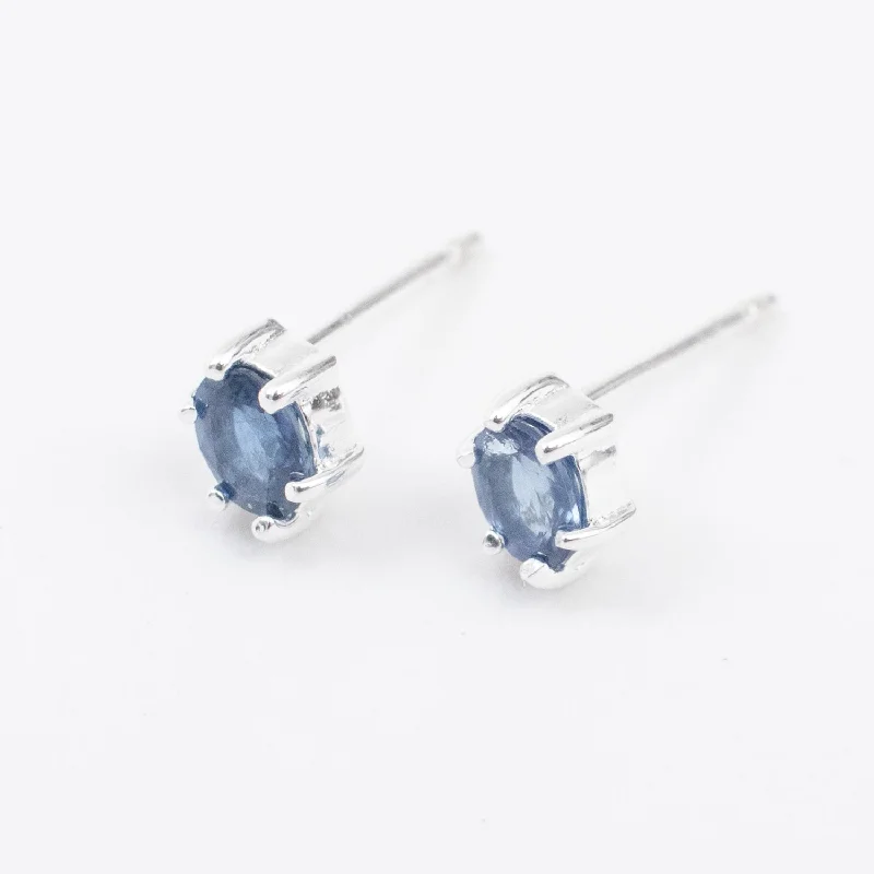 women's hoop earrings -Silver Oval Blue Sapphire Claw Shaped Studs