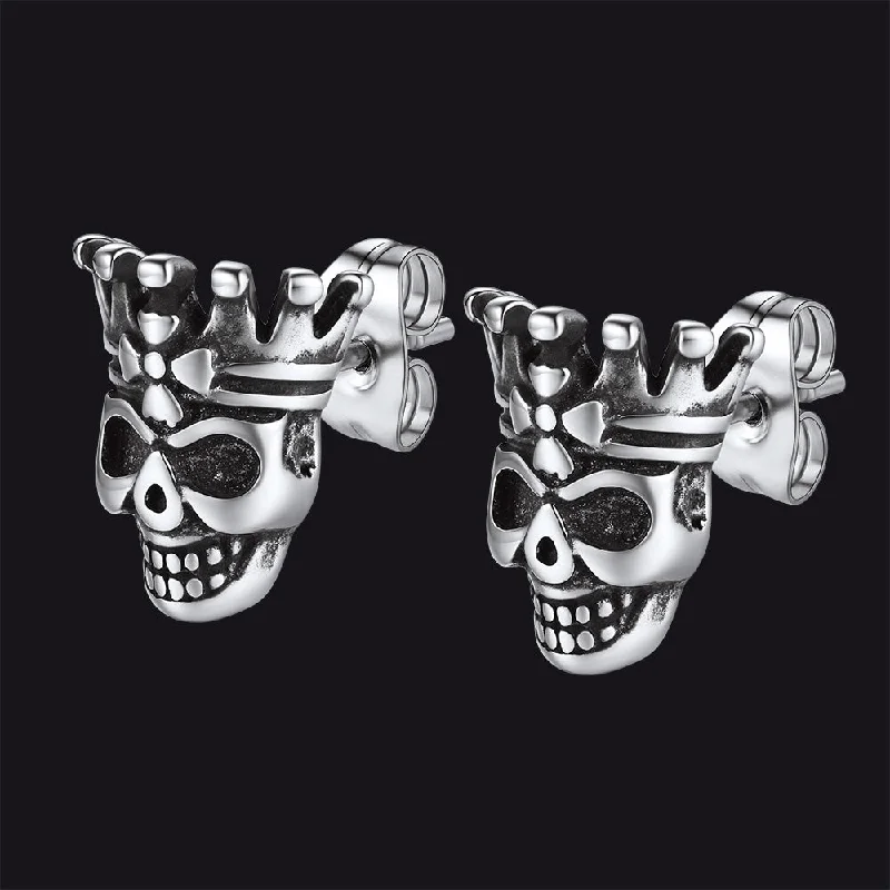 women's custom earrings -Punk Crown Skull Stud Earrings for Men