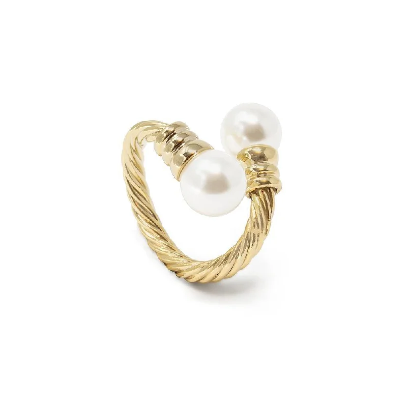 women's halo rings -Gold Toned Adjustable Cable Ring Pearl