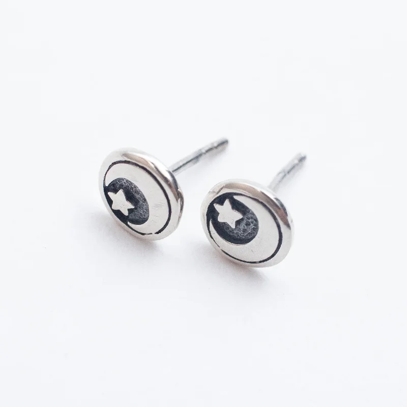 women's modern silver earrings -Silver Moon & Star Circle Studs