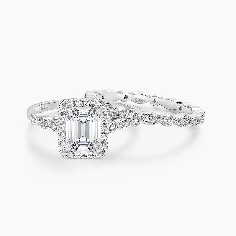 women's sparkling diamond rings -925 Sterling Silver Emerald Cut Cubic Zirconia Ring Set