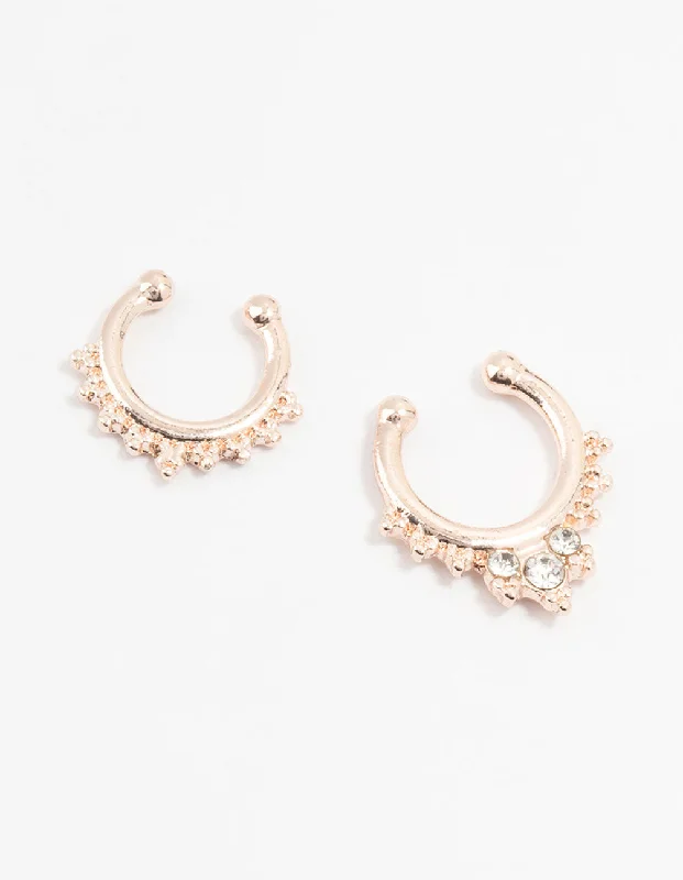 women's luxury gold bands -Rose Gold Diamante Ball Faux Septum Rings 2-Pack