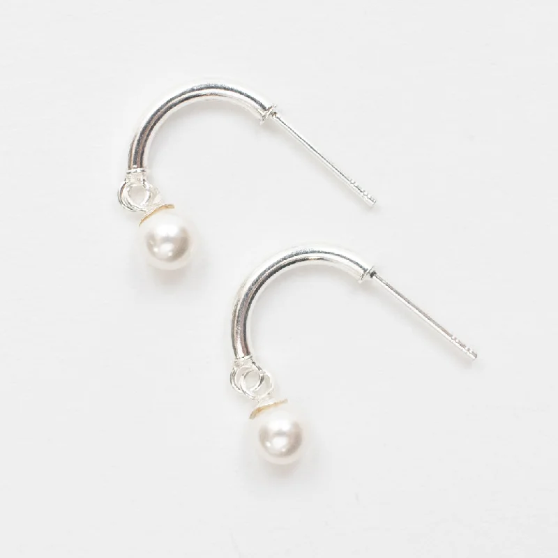 women's crystal earrings -Silver Pearl Drop Hoops