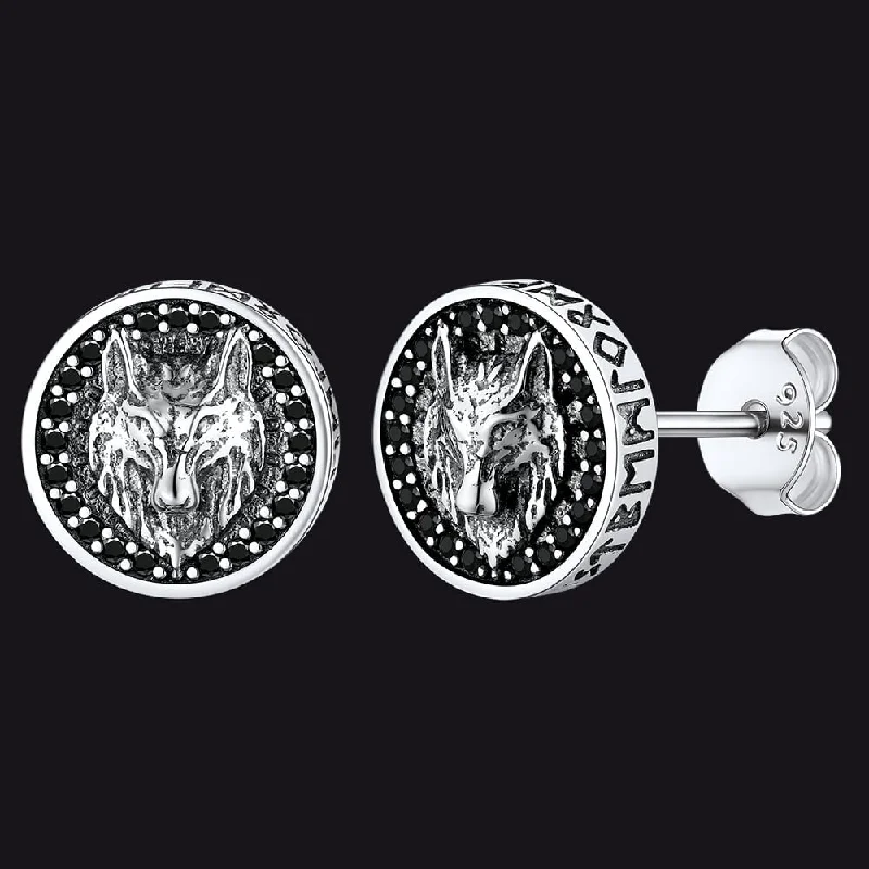 women's diamond earrings -Sterling Silver Viking Wolf Head Stud Earrings For Men