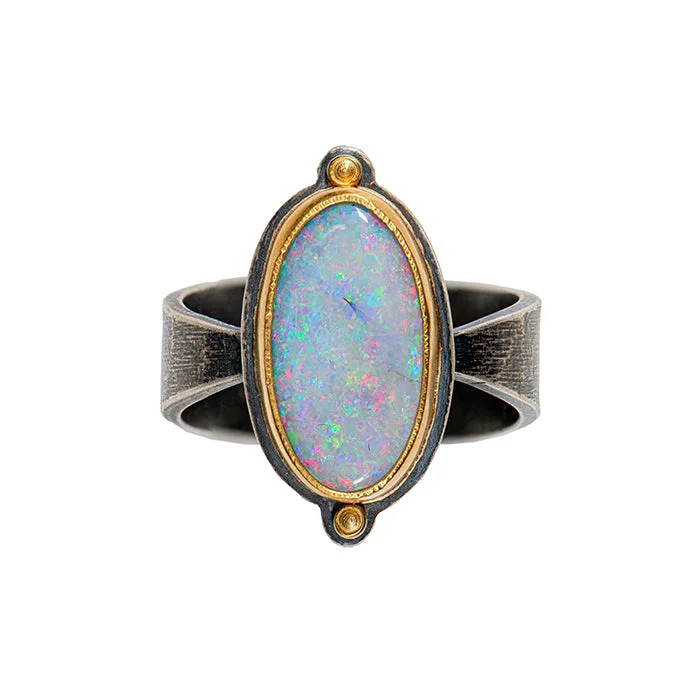 women's opal rings -Mintabie Opal Ring - Sterling Silver + 22k Gold - Sizing Info In Description