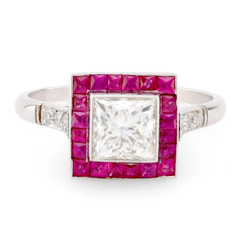 women's flower-shaped necklaces -Art Deco Style Diamond Ruby Platinum Square Halo Ring