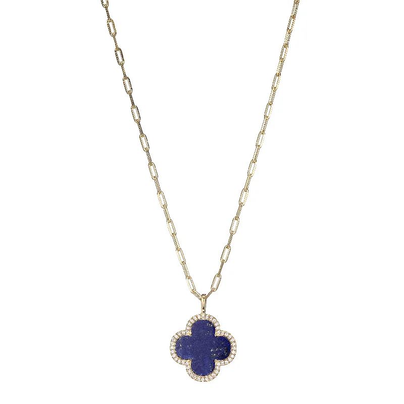 women's lucky charm necklaces -Lapis & Crystal Clover Pendant