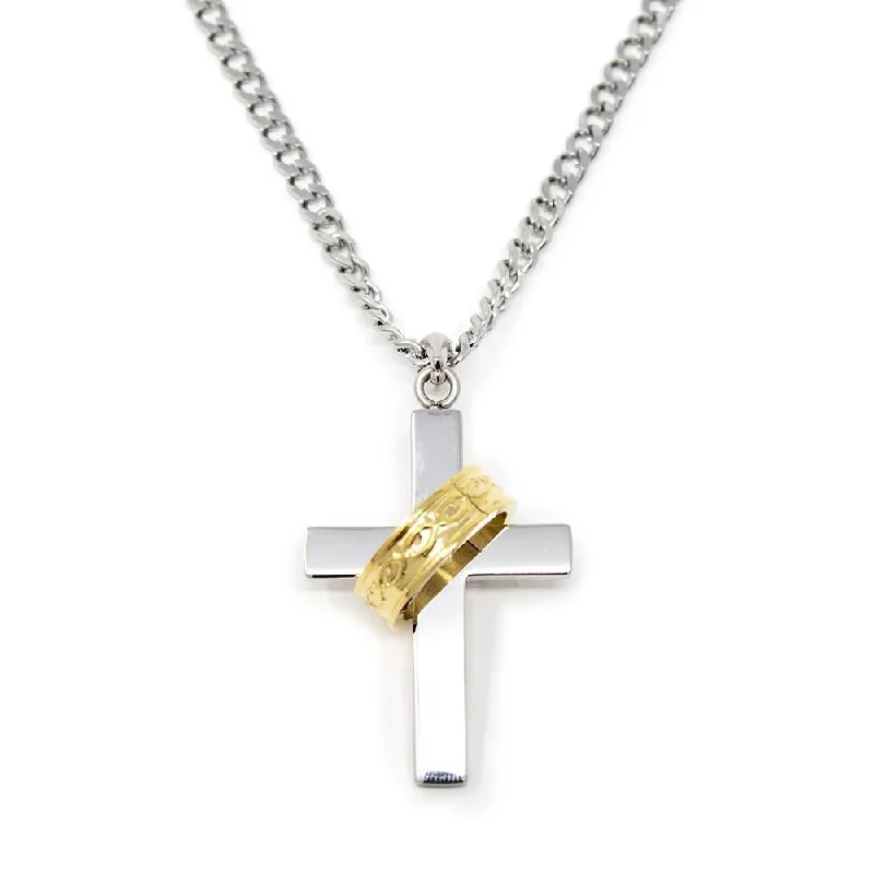 women's ring for gift -Men's Stainless Steel Gold Ion Plated Ring Cross Pendant on Chain