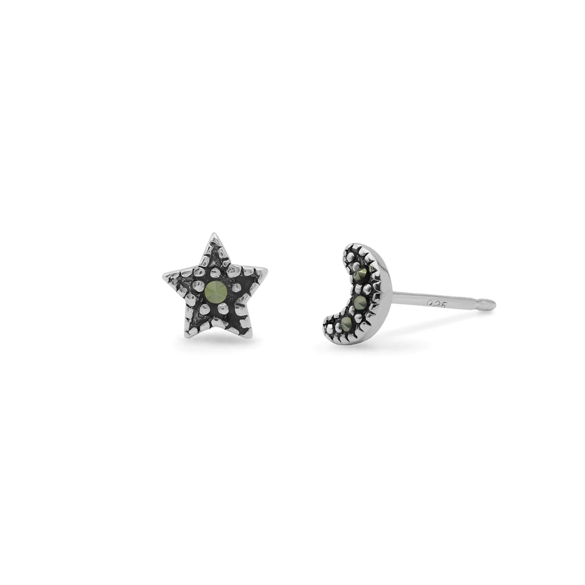 women's silver hoop earrings -Silver Marcasite Moon & Star Studs