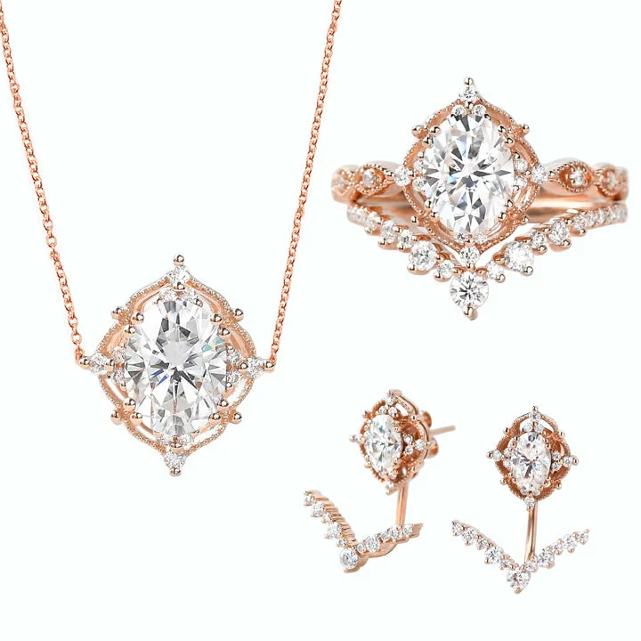 women's luxury necklaces -Signature Vintage Moissanite Ring Set & Earring & Necklace 5PCS - Charlotte Sets