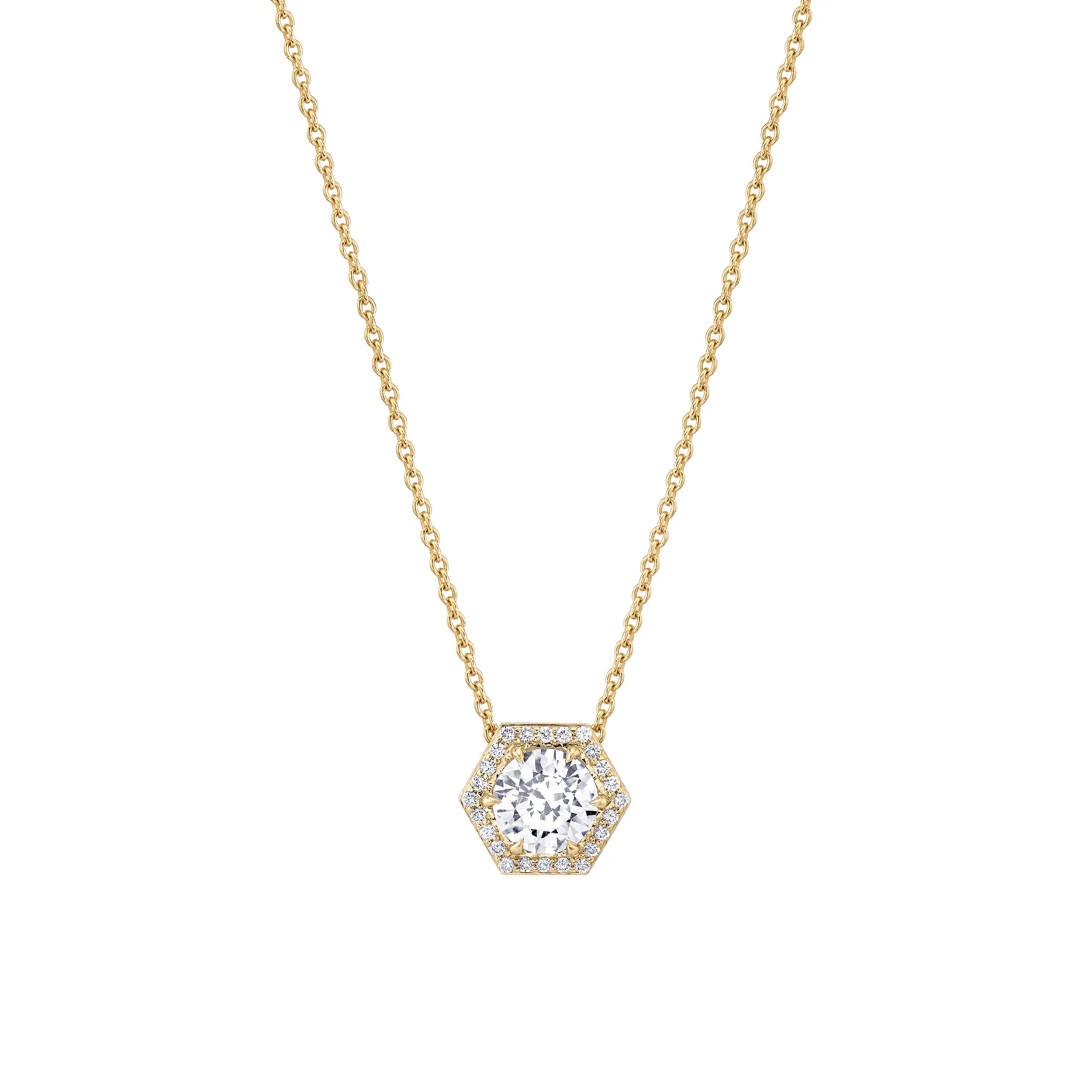 women's heart-shaped pendant necklaces -Hex Halo Solitaire Necklace