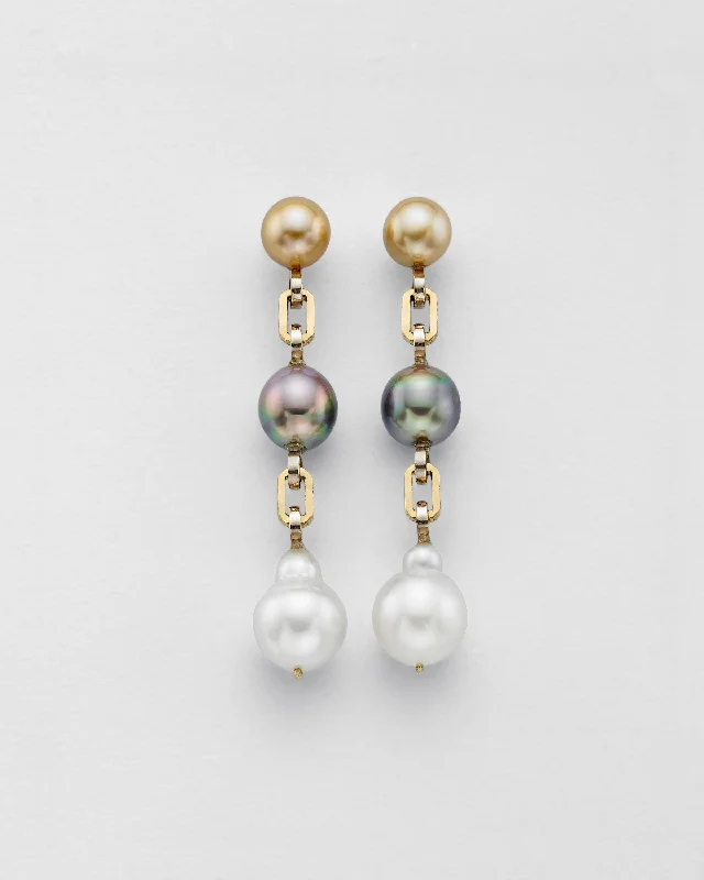 women's drop earrings -Ball and Chain Tri Color Pearl Earrings