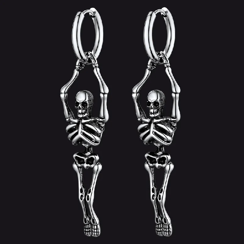 women's diamond-studded earrings -Gothic Skull Skeleton Dangle Hoop Earrings for Men