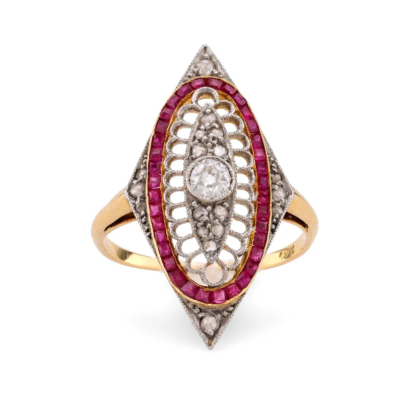 women's handmade necklaces -Edwardian Diamond Ruby 18K Yellow and White Gold Navette Ring