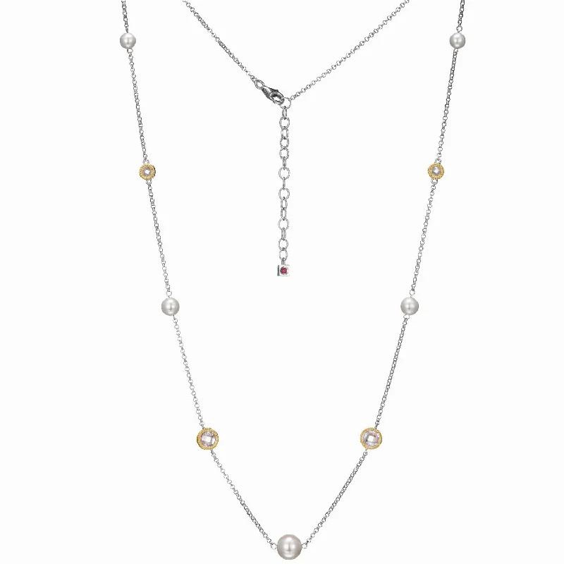 women's halo necklaces -2-Tone Pearl & Crystal Station Necklace