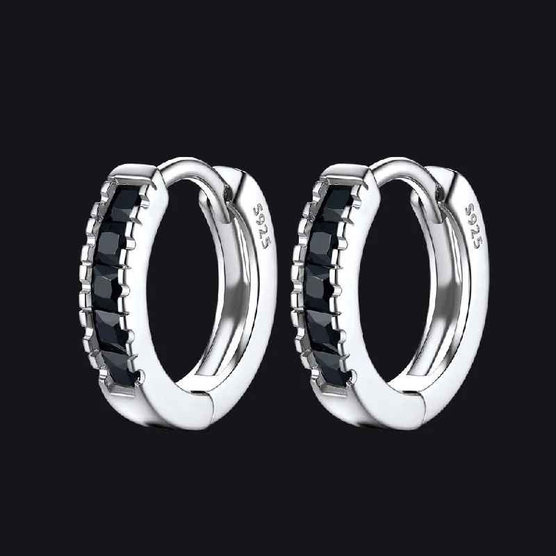 women's crystal earrings -Silver Black Onyx Diamond Huggie Hoop Earrings For Men