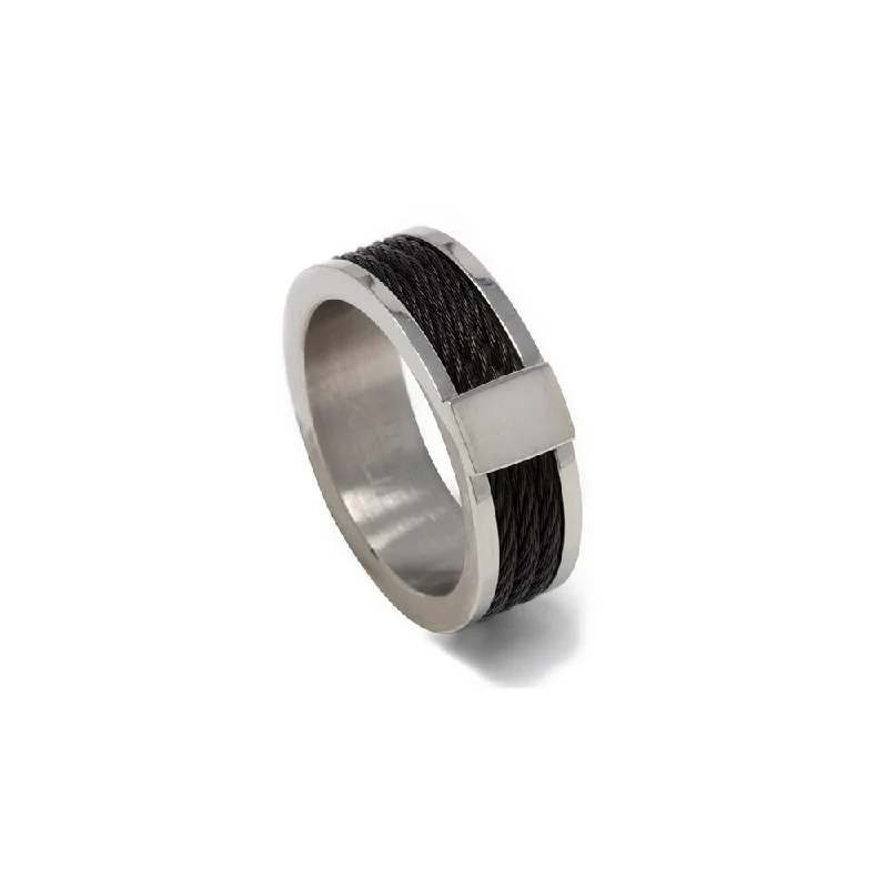 women's bridal set rings -Stainless St. 3 Black Cable Inlay Ring