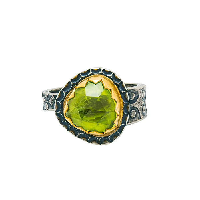 women's gemstone cocktail rings -Rustic Rose Cut Peridot Ring - size 8