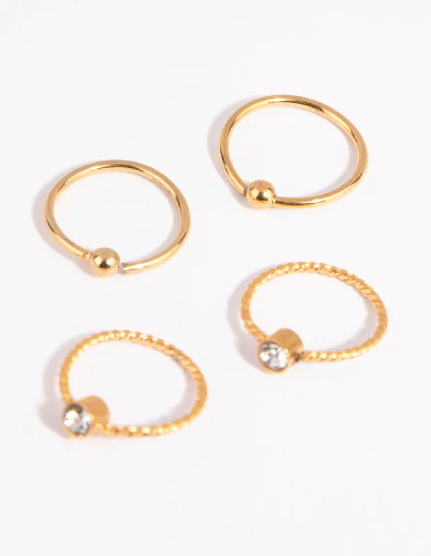 women's ring for gift -Gold Plated Surgical Steel Textured Diamante Nose Ring 4-Pack