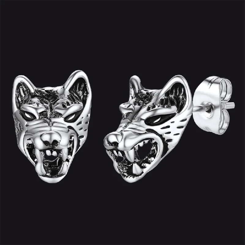 women's fashionable earrings -Viking Wolf Stud Earrings For Men