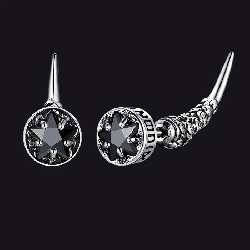 women's diamond-studded earrings -Viking Nordic Star Black CZ Rune Fang Stud Earrings for Men