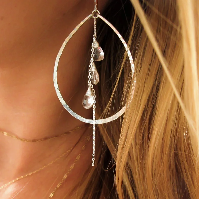 women's custom gold earrings -Teardrop Gemstone Fall Hoops - Crystal Quartz