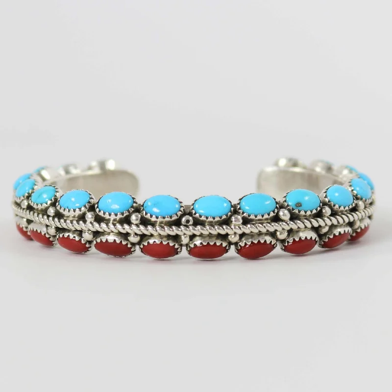 women's bangles set of 3 -Coral and Turquoise Cuff