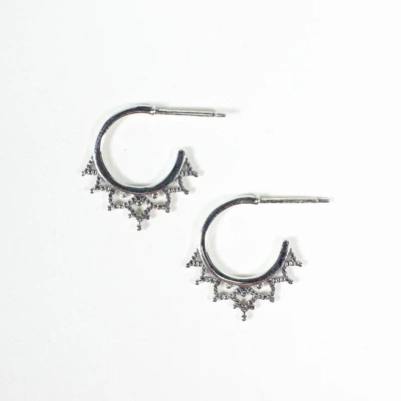 women's fashionable hoop earrings -Silver Filigree Hoop Studs