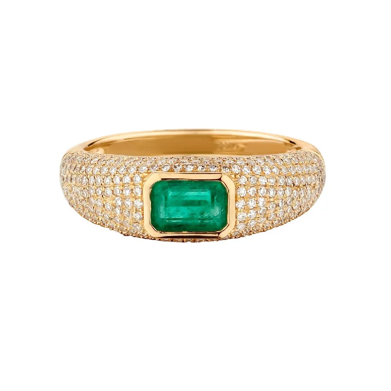 women's gemstone cocktail rings -PAVÉ DIAMOND & GREEN EMERALD DOMED RING