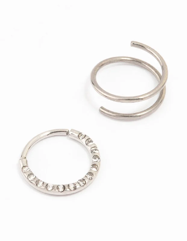 women's anniversary rings -Surgical Steel Cubic Zirconia And Spiral Nose Ring 2-Pack