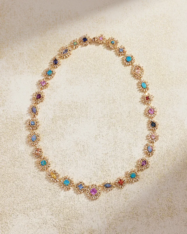 women's geometric pendant necklaces -One of a Kind Opal & Sapphire Flower Riviere Necklace