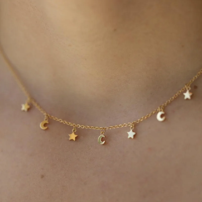 women's delicate necklaces -Star & Moon Choker Necklace in Gold