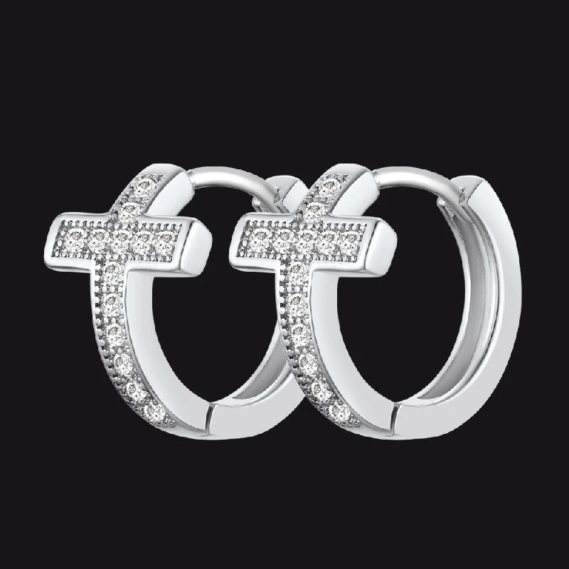 women's dangling earrings -Cubic Zirconia Cross Hoop Earrings For Men