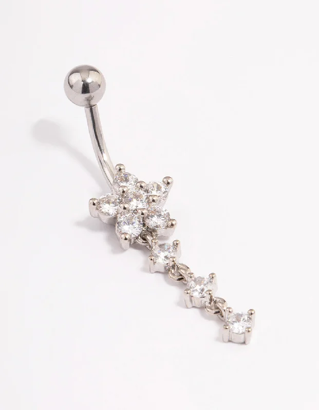 women's designer rings -Surgical Steel Cubic Zirconia Flower Triple Belly Ring