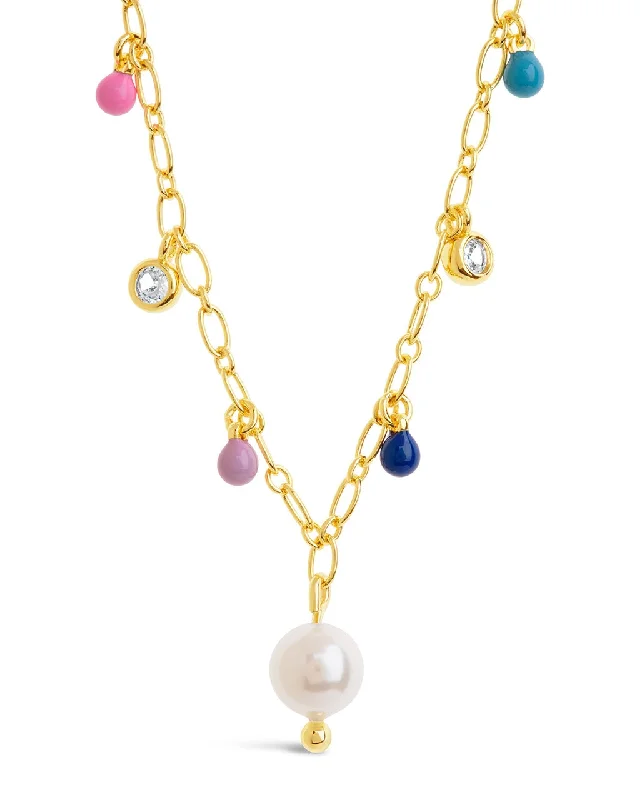 women's sterling silver chain necklaces -Enamel, Pearl, & CZ Charm Necklace