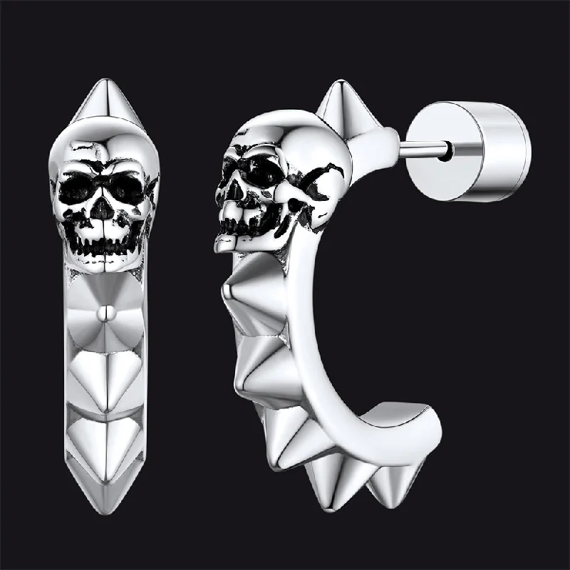 women's eco-friendly earrings -Half-Circle Skull Rivet Huggie Stud Earrings for Men