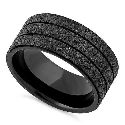 women's men's rings -Stainless Steel Black Double Groove Sandblast Finish Ring